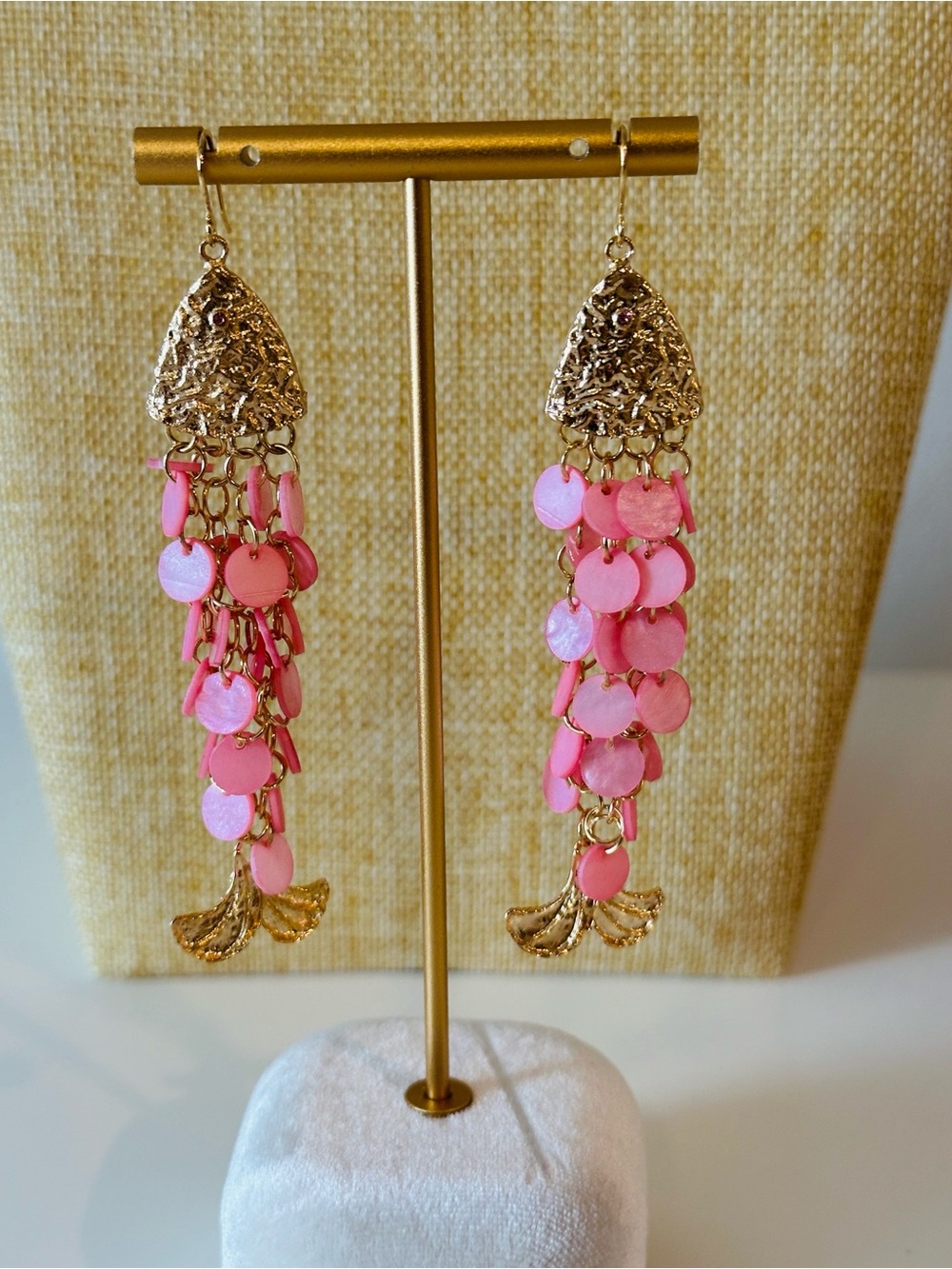 Fashion Jewelry Gold and Pink Tassel Shell Disc Earrings
